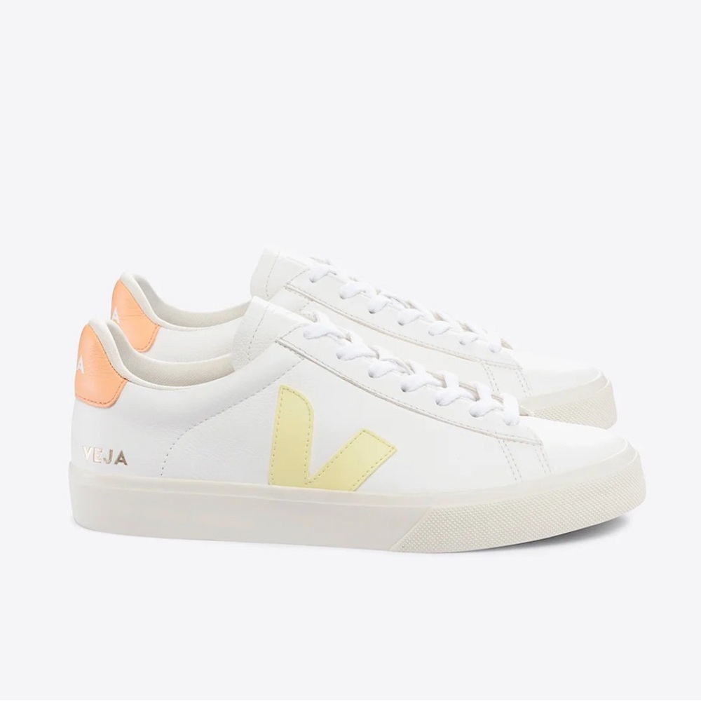 Veja Women's White Sneakers with Yellow V Logo and Peach Heel Tab